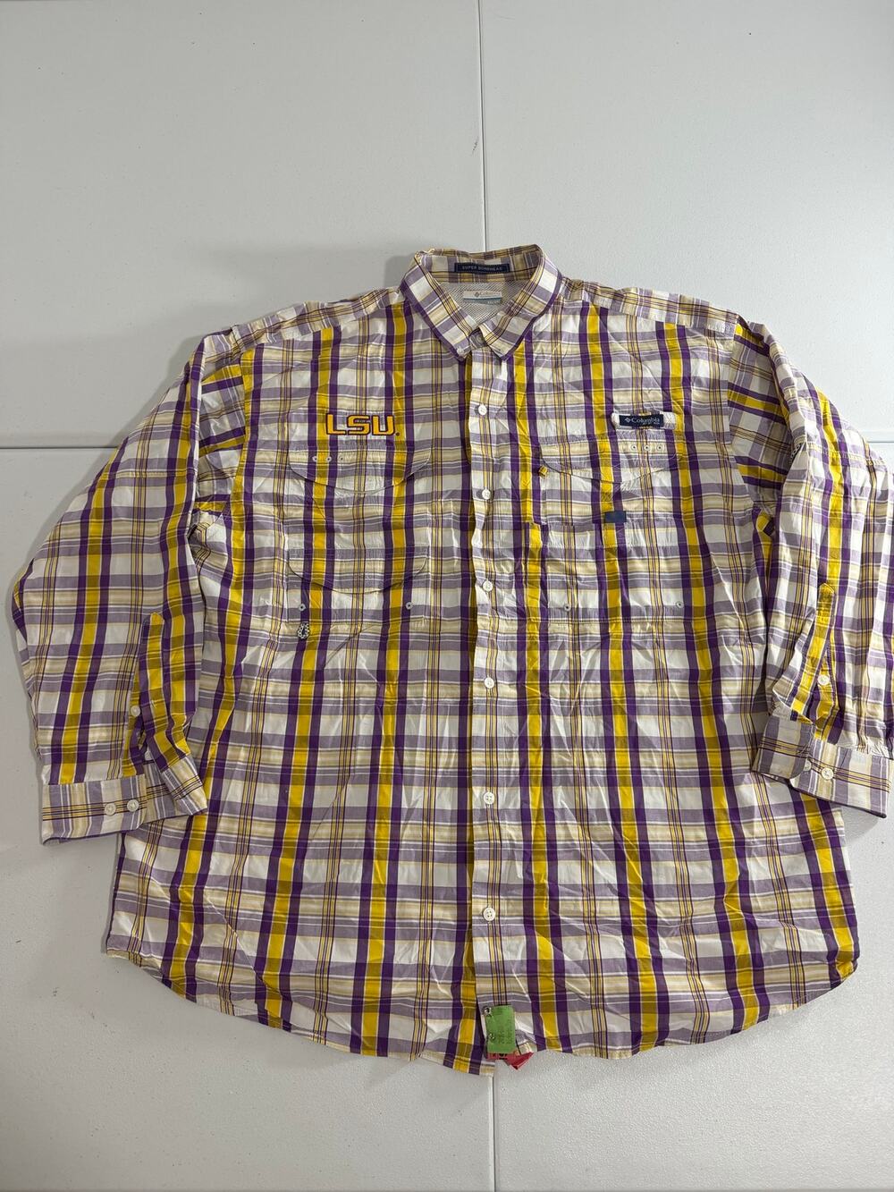 Columbia PFC LSU Tigers Fishing Shirt Mens XXL Purple Gold Plaid Vented Button